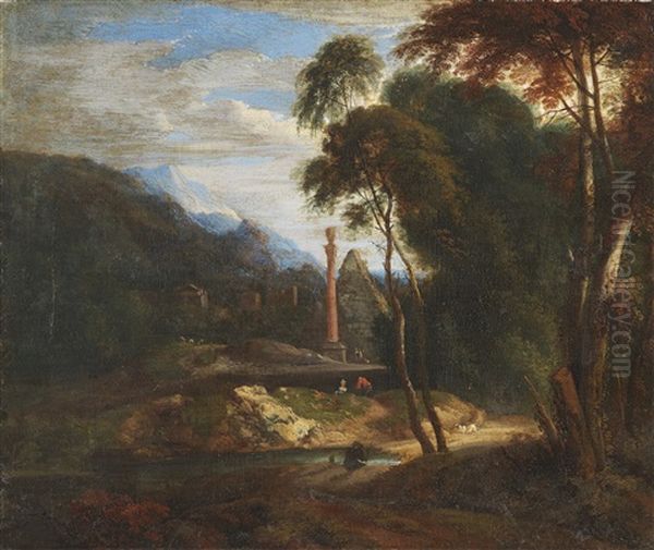 Italienische Landschaft Mit Saule, Ruinen Und Personenstaffage - view 1