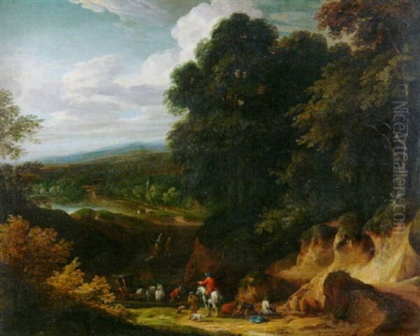 Reiter In Weiter Waldlandschaft Beim Uberqueren Einer Furt - view 1