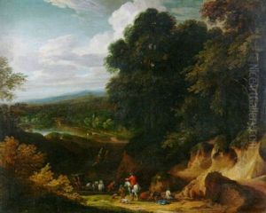 Reiter In Weiter Waldlandschaft Beim Uberqueren Einer Furt