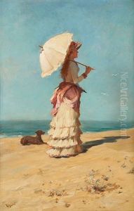 Elegante Et Son Chien Sur La Plage by Eugene Verdyen