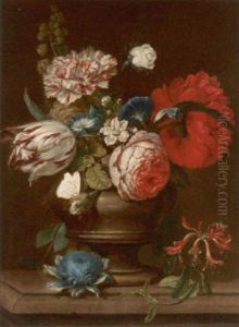 Blumenstilleben Mit Schmetterling, Rosen, Tulpen, Nelken Und Andere Gartenblumen In Einer Vase by Cornelis Verelst