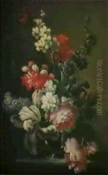 Stilleben Mit Rosen, Narzisse, Tulpe, Mohn, Schneeball, Anemone Und Nelken In Glasvase - view 1