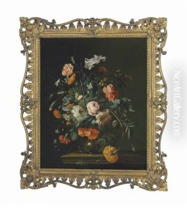 Carnations, Roses, Peonies And Other Flowers In A Glass Vase On A Stone Ledge by Herman Verelst