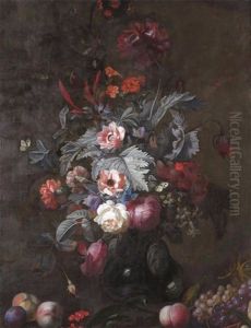 Still Life Of Flowers In A Vase With Fruit by Herman Verelst