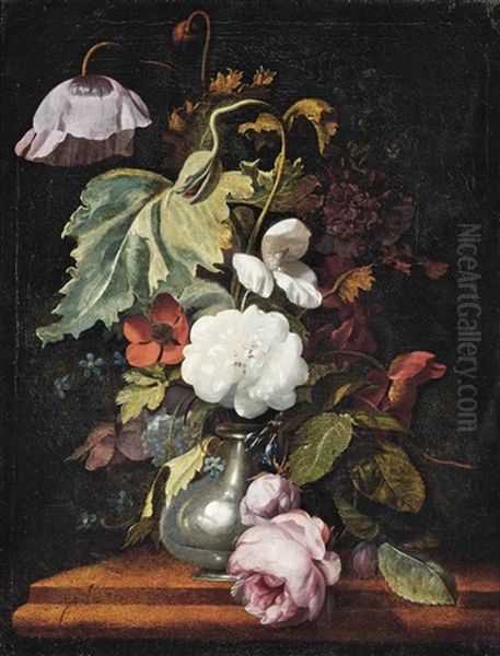Roses, Peonies, Poppies And Other Flowers In A Vase On A Ledge - view 1
