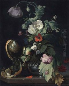 Roses, A Tulip, A Poppy And Other Flowers In A Vase And A Half-peeled Orange In A Roemer, On A Stone Ledge