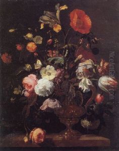 Flowers In A Vase With A Butterfly by Herman Verelst