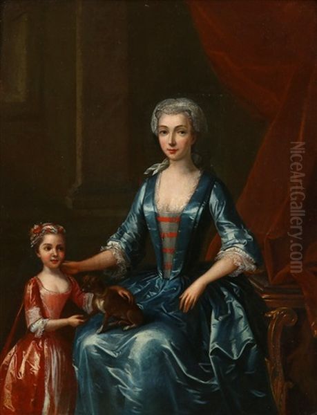 Portrait Of A Lady, In A Blue Dress, Seated In An Interior With A Young Girl - view 1