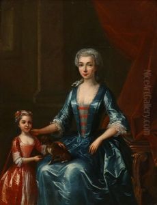 Portrait Of A Lady, In A Blue Dress, Seated In An Interior With A Young Girl