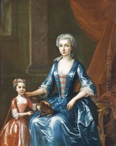 Portrait Of A Lady, Three-quarter-length, In A Blue Dress, With A Dog On Her Lap And A Child Standing By Her Side, In An Interior