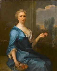 Portrait Of A Lady, Said To Be Jane, Wife Of Thomas Aynscombe, Seated In A Blue Dress And Holding A Dish Of Peaches by John Verelst