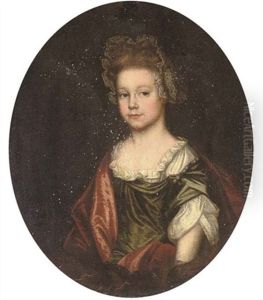 Portrait Of A Young Girl In A Green Dress With A Red Wrap And A Lace Bonnet