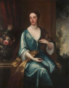 Portrait Of A Lady, Said To Be Baroness Cutts, In A Blue Dress With A Vase Of Flowers On A Draped Table Beside Her