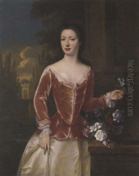 Portrait Of A Lady In A Pink Bodice And Oyster Satin Skirt, Holding A Sprig Of Orange Blossom In Her Left Hand, A Basket Of Flowers On A Ledge Beside Her, An Italianate Garden With A Fountain Beyond - view 1