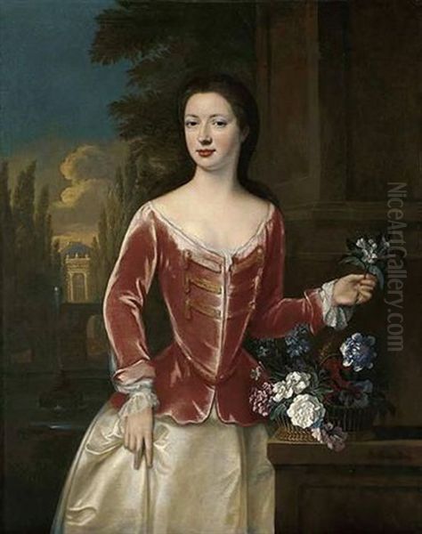 Portrait Of A Lady In A Pink Bodice And Oyster Satin Skirt, Holding A Sprig Of Orange Blossom, A Basket Of Flowers On A Ledge Beside Her, An Italianate Garden Beyond - view 1