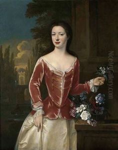 Portrait Of A Lady In A Pink Bodice And Oyster Satin Skirt, Holding A Sprig Of Orange Blossom, A Basket Of Flowers On A Ledge Beside Her, An Italianate Garden Beyond