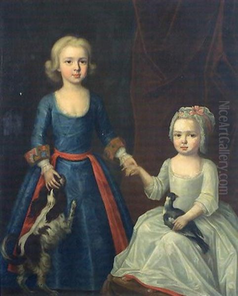 Portrait Of Two Young Girls With Pigeon And Dog - view 1