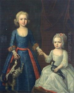 Portrait Of Two Young Girls With Pigeon And Dog Portrait Of Two Young Girls With Pigeon And Dog