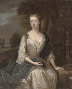 Portrait Of A Lady (mrs Chetham, Nee Mary Holt ?) In An Oyster Satin Dress And Blue Wrap