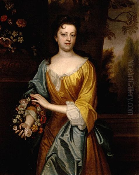 Portrait Of Miss Lowe (mrs. Richard Marriott?) Wearing A Yellow And White Dress, Holding A Wreath Of Flowers, An Urn Of Her Flowers Beside - view 1
