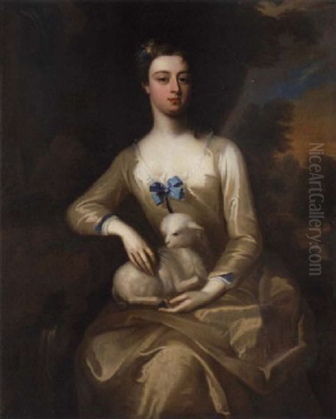 Portrait Of A Lady In A White Dress, Seated With A Lamb On Her Lap, In A River Landscape - view 1