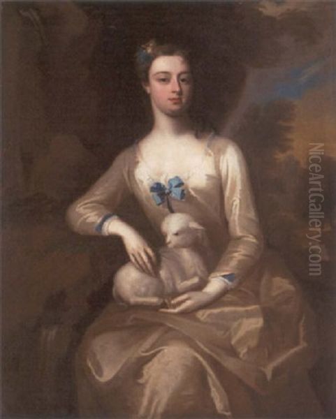 Portrait Of A Lady In A White Dress, Seated With A Lamb On Her Lap In A River Landscape - view 1