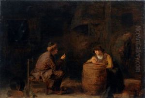 Ein Mann Bietet Einer Rauchenden Frau Eine Munze An by Pieter Harmensz. Verelst