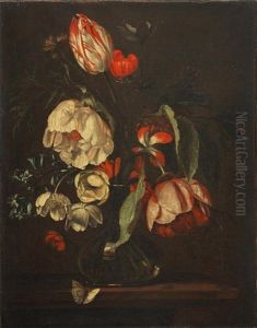 Tulips, Roses And Other Flowers In A Glass Vase On A Table-top by Simon Pietersz Verelst