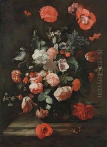 Peonies, Carnations, Tulips And Other Flowers In A Glass Vase, On A Stone Ledge by Simon Pietersz Verelst