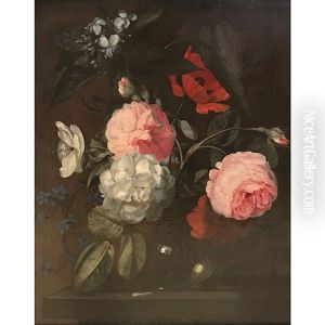 Bouquet De Fleurs Dans Un Vase De Verre Sur Un Entablement by Simon Pietersz Verelst