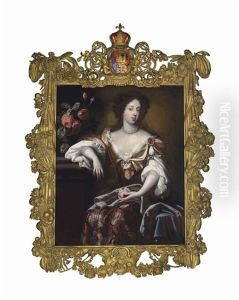 Portrait Of Mary Of Modena (1658-1718), Queen Of England, Three-quarter-length, Seated By A Bouquet Of Flowers by Simon Pietersz Verelst