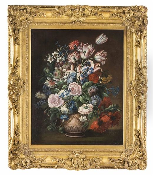 Blumenstillleben Mit Tulpen Und Rosen In Keramikvase - view 1