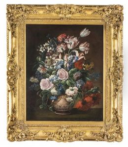 Blumenstillleben Mit Tulpen Und Rosen In Keramikvase by Simon Pietersz Verelst