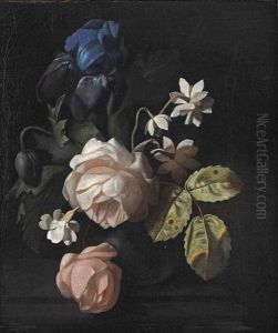 Roses, An Iris And Other Flowers In A Vase On A Ledge by Simon Pietersz Verelst