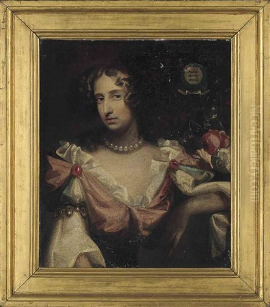Portrait Of Mary Bertie, Wife Of The Hon. Charles Bertie, As Flora, In A Pink And Blue Dress With White Chemise And Wearing A Pearl Necklace And With Flowers - view 1
