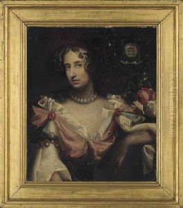 Portrait Of Mary Bertie, Wife Of The Hon. Charles Bertie, As Flora, In A Pink And Blue Dress With White Chemise And Wearing A Pearl Necklace And With Flowers by Simon Pietersz Verelst