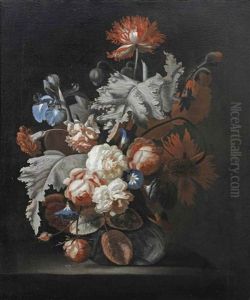 Roses, A Carnation, Morning Glory, Blue Irises And Other Flowers In A Glass Vase On A Stone Ledge