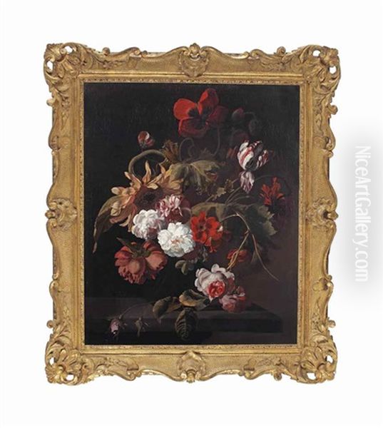 Carnations, Roses, Peonies, Tulips, And Poppies In A Glass Vase, All On A Wooden Ledge - view 1