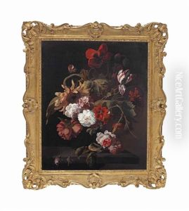 Carnations, Roses, Peonies, Tulips, And Poppies In A Glass Vase, All On A Wooden Ledge by Simon Pietersz Verelst