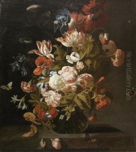 Tulips, Poppies, An Iris, Convolvuli And Other Flowers In A Glass Vase With Hovering Butterflies