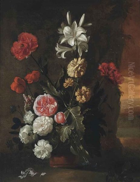 Lillies, Roses, Poppies And Chrysanthemums In A Vase, Landscape Beyond - view 1