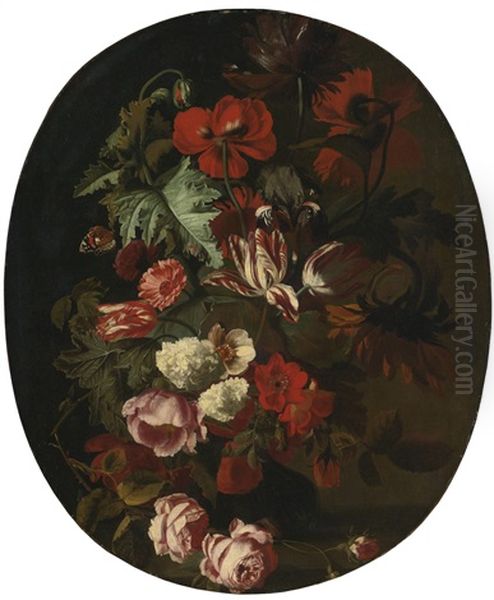 Roses, Tulips, Hydrangea And Other Flowers In An Urn With Butterflies - view 1