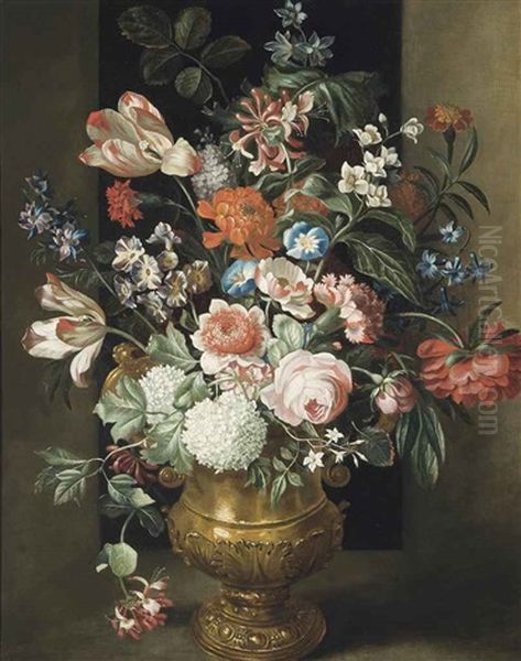 Roses, Parrot Tulips And Other Flowers In A Sculpted Urn On A Ledge - view 1