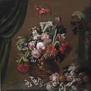 Roses, Poppies And Carnations In A Terracotta Vase, With A Parrot, Apples And Grapes On A Stone Ledge, A Curtain To The Left