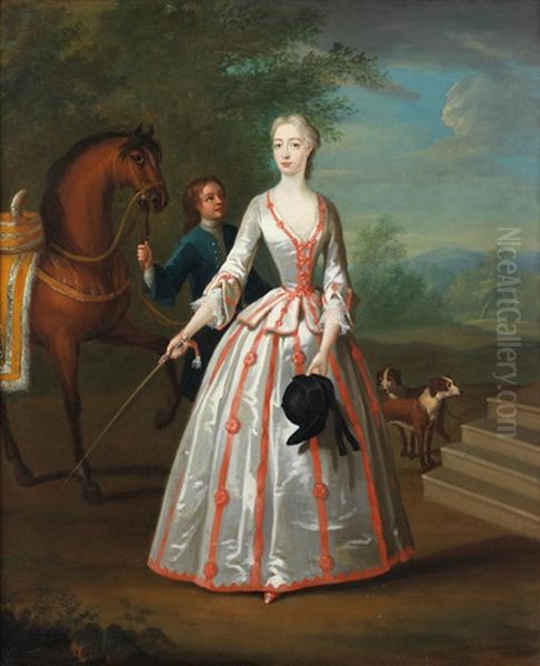 Portrait Of Elizabeth Horton, Full-length, In A Silver And Red Riding Habit, Standing In A Landscape With Her Horse, Dogs And A Groom - view 1