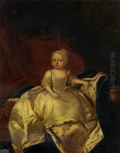 Portrait Of A Royal Child, Princess Caroline Matilda (?), In A Lace Dress And Bonnet, Seated On A Sofa Draped With A Blue Velvet Ermine-lined Cloak, In An Interior by William Verelst