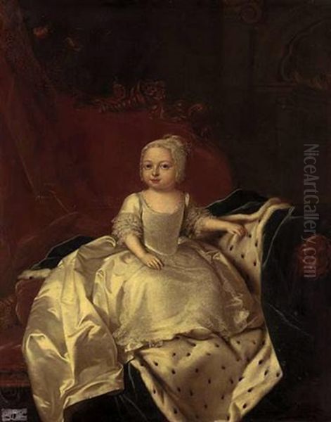 Portrait Of Princess Caroline Matilda (?) In A Lace Dress And Bonnet, Seated On A Sofa Draped With A Blue Velvet Ermine-lined Cloak, The Sofa Surmounted By The Prince Of Wales's Feather Badge - view 1