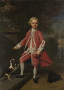 Portrait Of A Boy In A Pale Silver Embroidered Coat, Waistcoat, And Breeches, With A Spaniel, A Staff In His Right Hand And A Tricorn At His Feet
