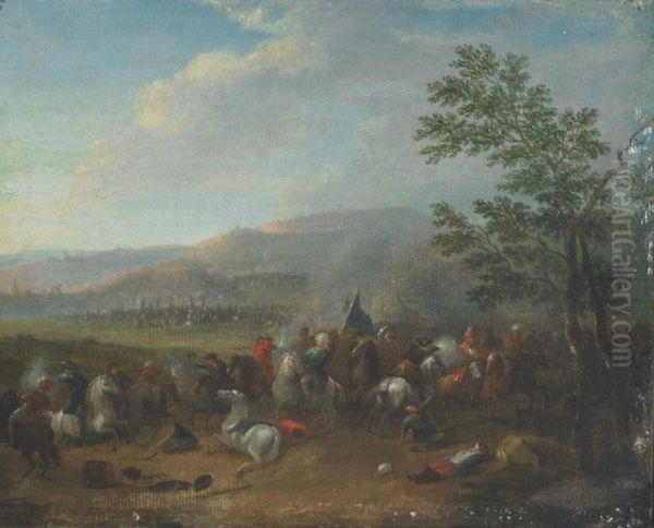 A Cavalry Skirmish In An Extensive River Landscape - view 1