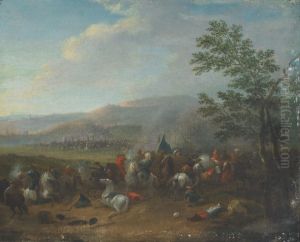 A Cavalry Skirmish In An Extensive River Landscape